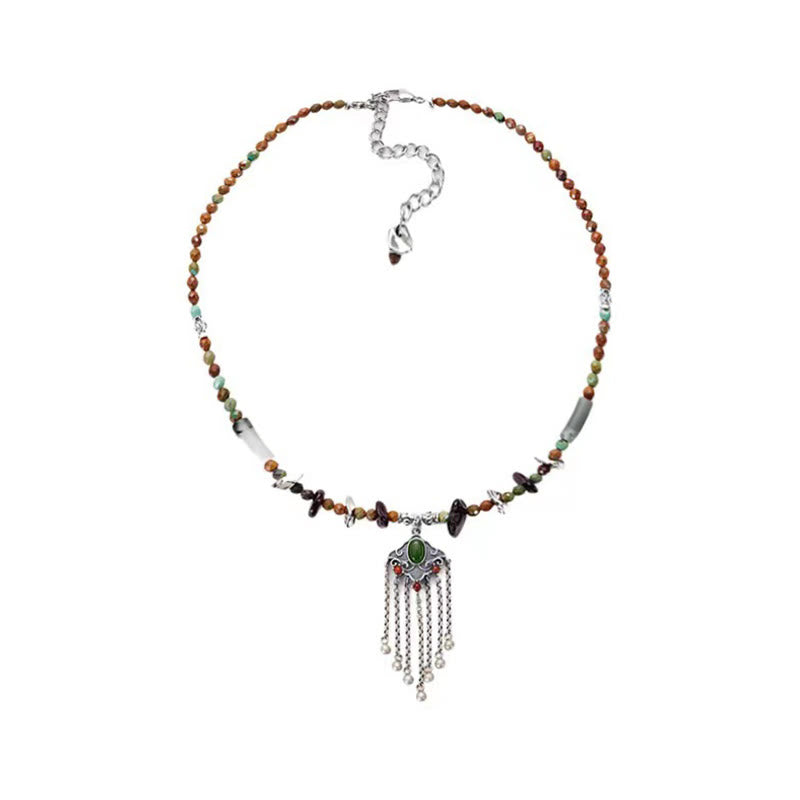Tibetan Crystal Stone Copper Luck Tassel Necklace Pendant