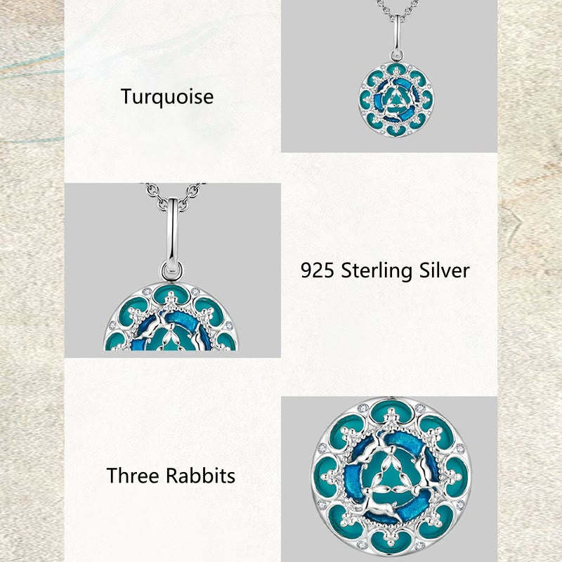 925 Sterling Silver Round Turquoise Three Rabbits Balance Necklace Pendant