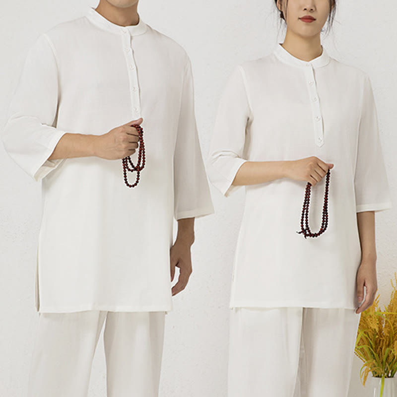 2Pcs Buttons Three Quarter Sleeve Shirt Top Pants Meditation Zen Tai Chi Cotton Linen Clothing Women's Set