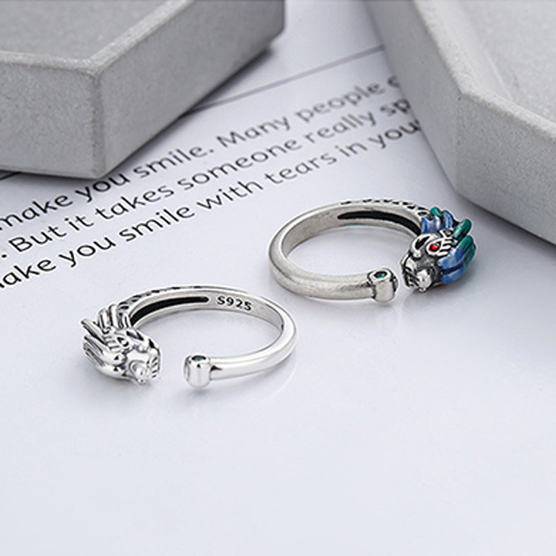 925 Sterling Silver Year Of The Dragon Luck Protection Adjustable Metal Ring