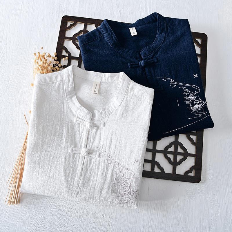 Frog-button Mandarin Collar Embroidery Cotton Linen Short Sleeve Men's Shirt