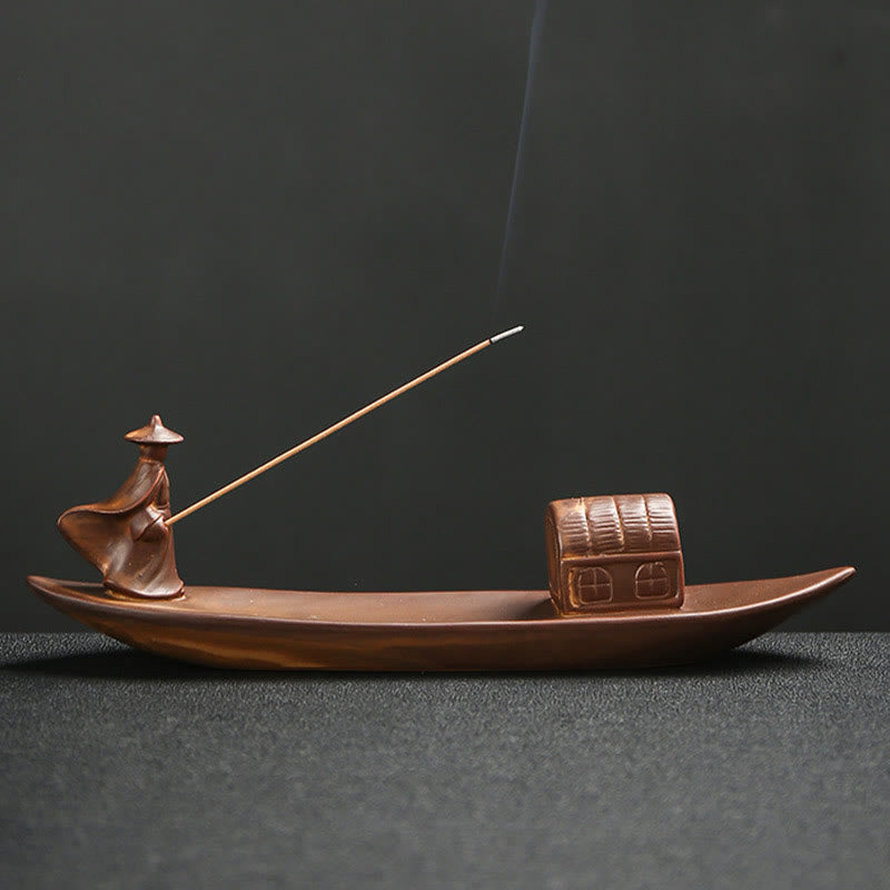 Fisherman Fishing Boat Bamboo mystic zen Hand Lotus Spiritual Healing Ceramic Stick Incense Burner Decoration