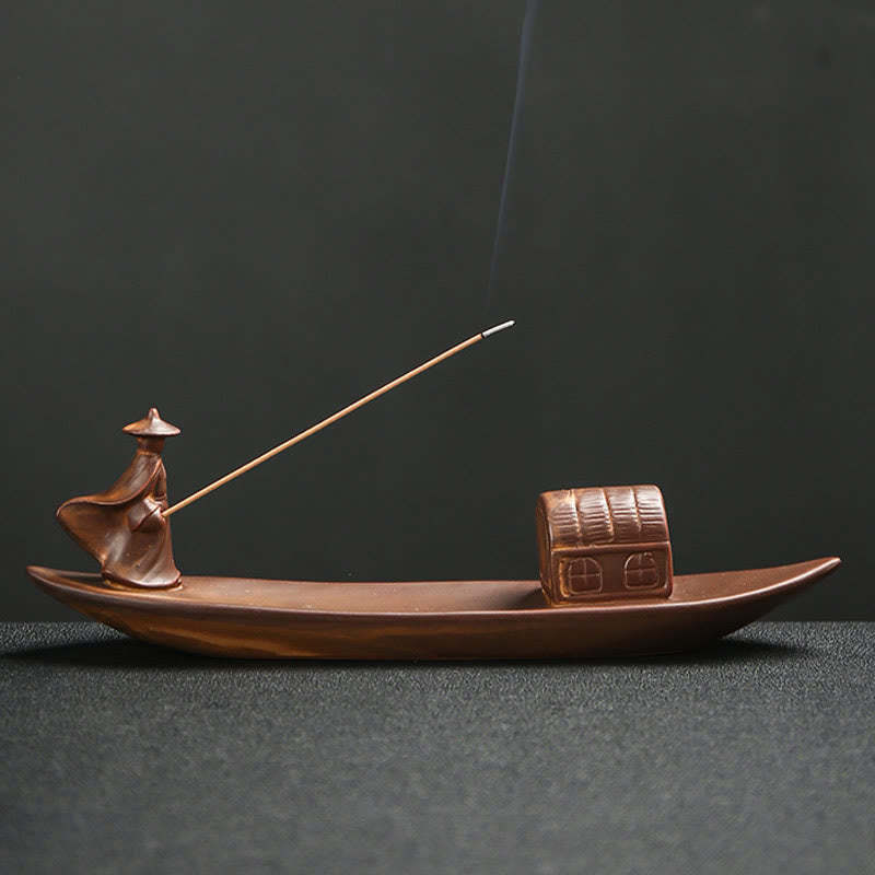 Fisherman Fishing Boat Bamboo mystic zen Hand Lotus Spiritual Healing Ceramic Stick Incense Burner Decoration