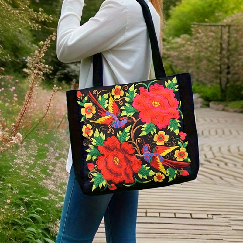 Galsang Magpie Peony Camellia Chrysanthemum Embroidery Canvas Shopping Purse Handbag Shoulder Bag