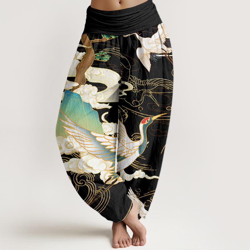 Flying Cranes Auspicious Clouds Tree?women's Elastic Waist Harem Pants
