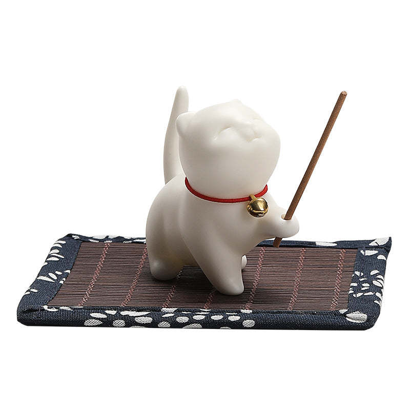 Mini Lucky Cat Kitten Tea Pet Ceramic Home Desk Figurine Decoration With Bamboo Mat