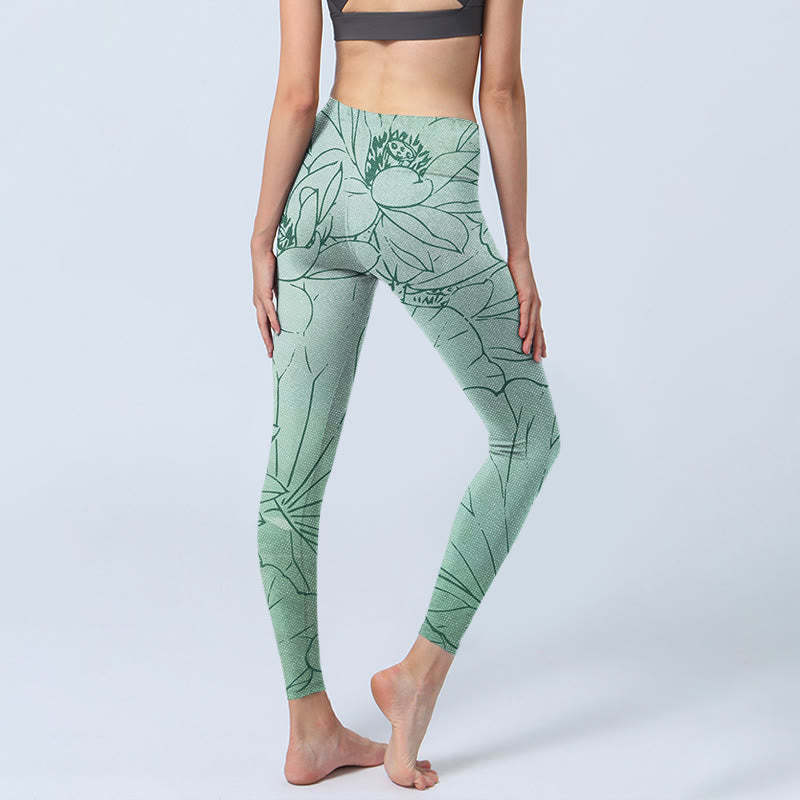 Green Lotus Flower Print Sports Leggings Women's Yoga Pants