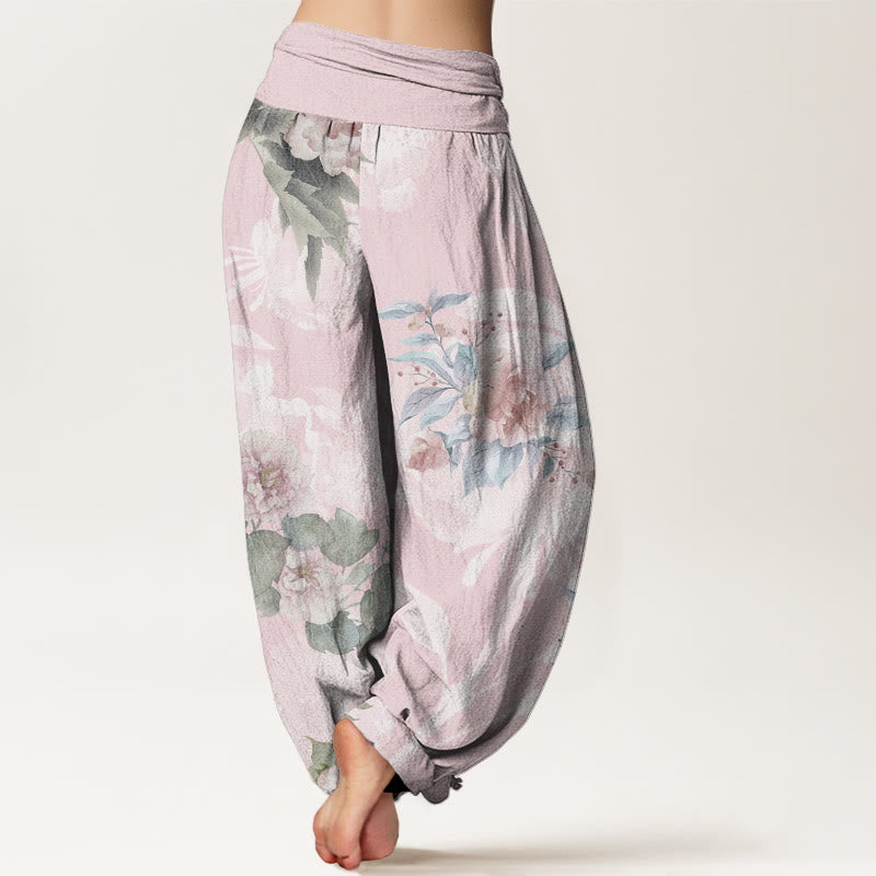 Flowers White Leaves Women's Elastic Waist Harem Pants