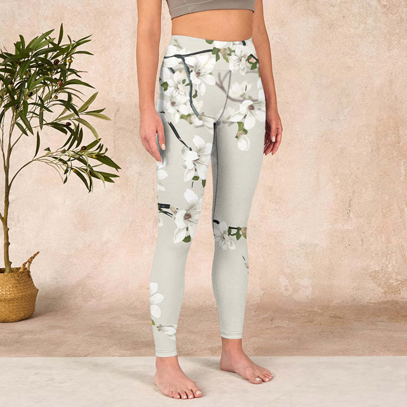 White Magnolia Flower Print Sports Fitness Leggings Women's Yoga Pants