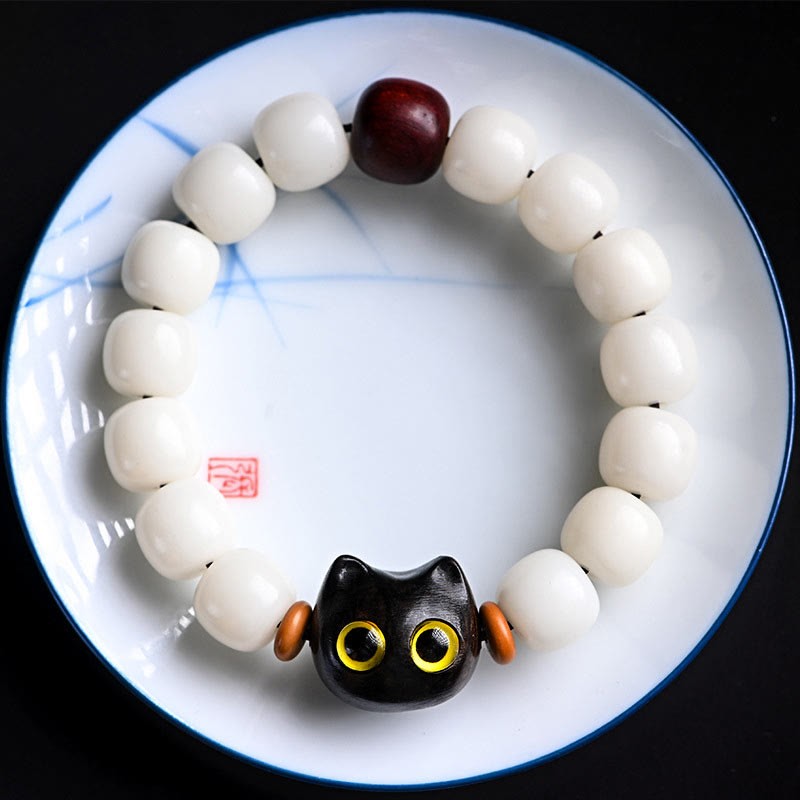 Natural Bodhi Seed Small Leaf Red Sandalwood Ebony Wood Cute Lucky Cat Wisdom Bracelet
