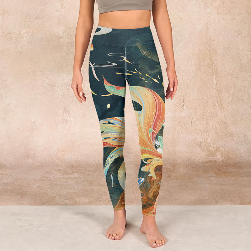 Dark Slate Gray Double Koi Fish Sky Lantern Tower Exercise Leggings Women's Yoga Pants
