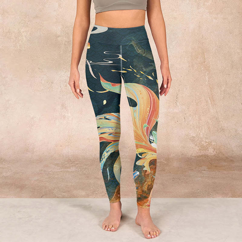 Dark Slate Gray Double Koi Fish Sky Lantern Tower Exercise Leggings Women's Yoga Pants