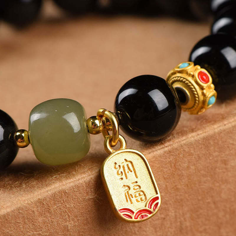 Black Onyx Hetian Jade Bead Lucky Fortune Charm Bracelet