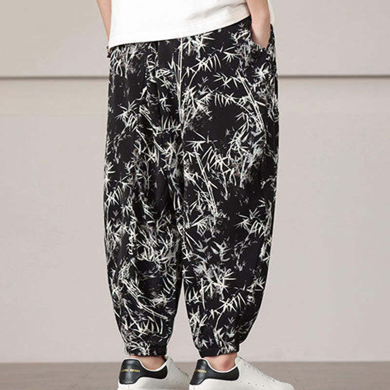 Bamboo Leaf Pattern Drawstring Men's Harem Pants With Pockets