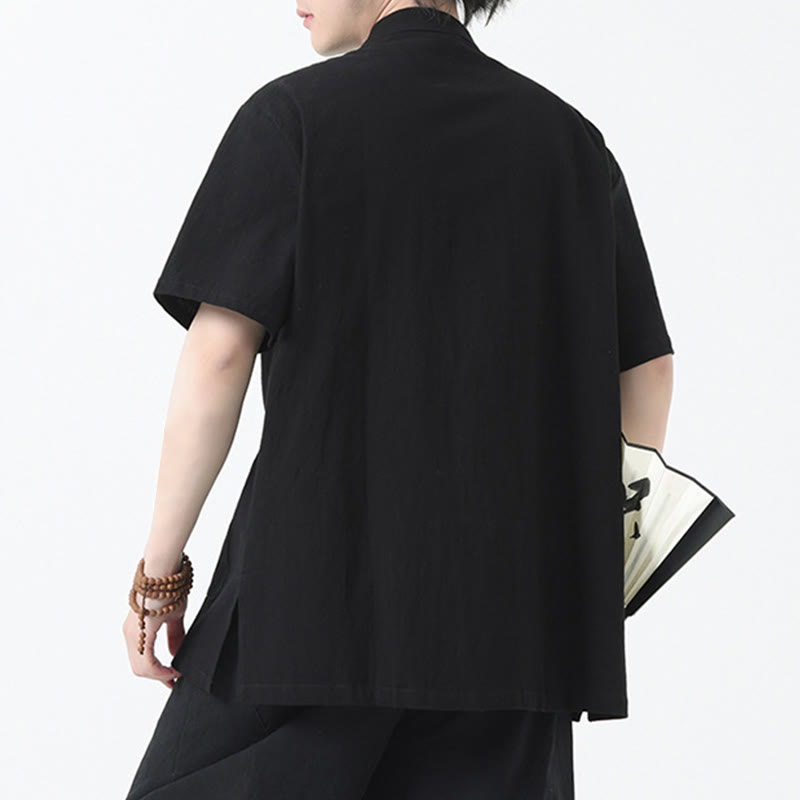 Frog-Button Chinese Tang Suit Short Sleeve Shirt Linen Men Clothing With Pockets