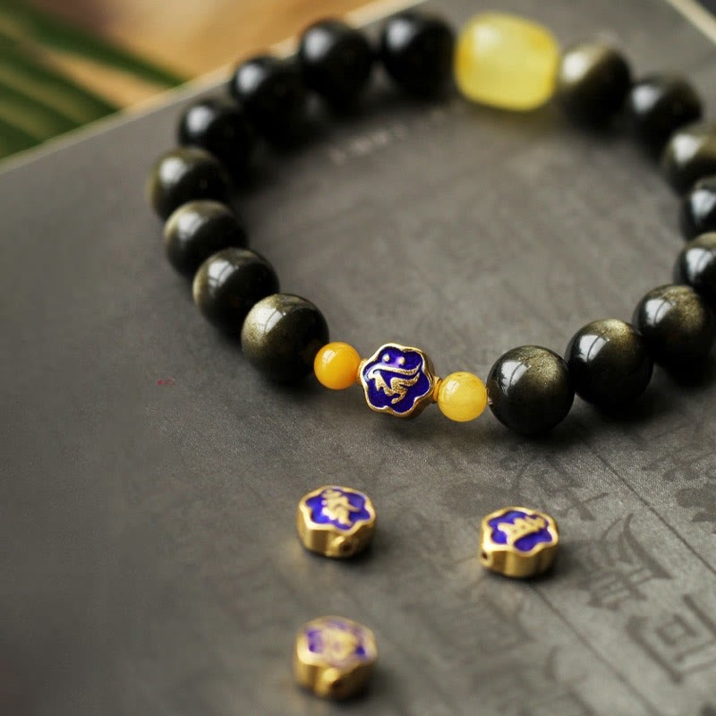 925 Sterling Silver Chinese Zodiac Natal mystic zen Natural Gold Sheen Obsidian Amber Wealth Protection Bracelet
