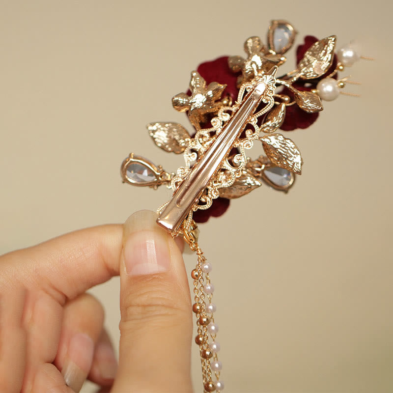 Retro Chinese Style Red Camellia Flower Tassel Side Hair Clip