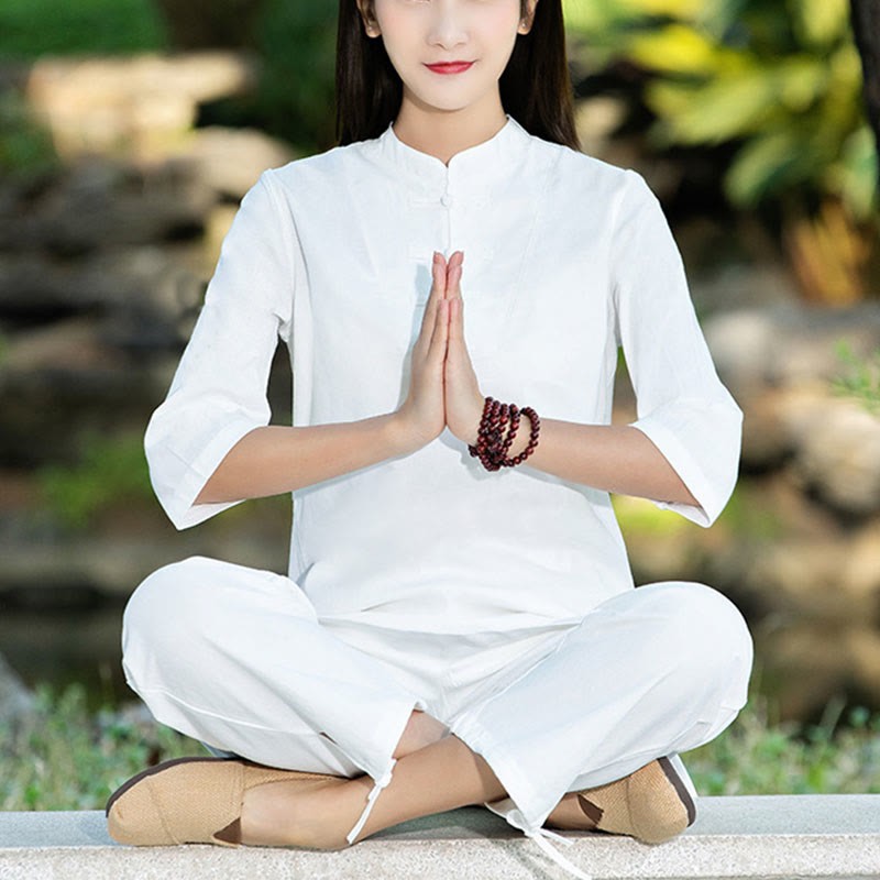 2Pcs Half Sleeve Shirt Top Pants Meditation Zen Tai Chi Cotton Linen Clothing Women's Set