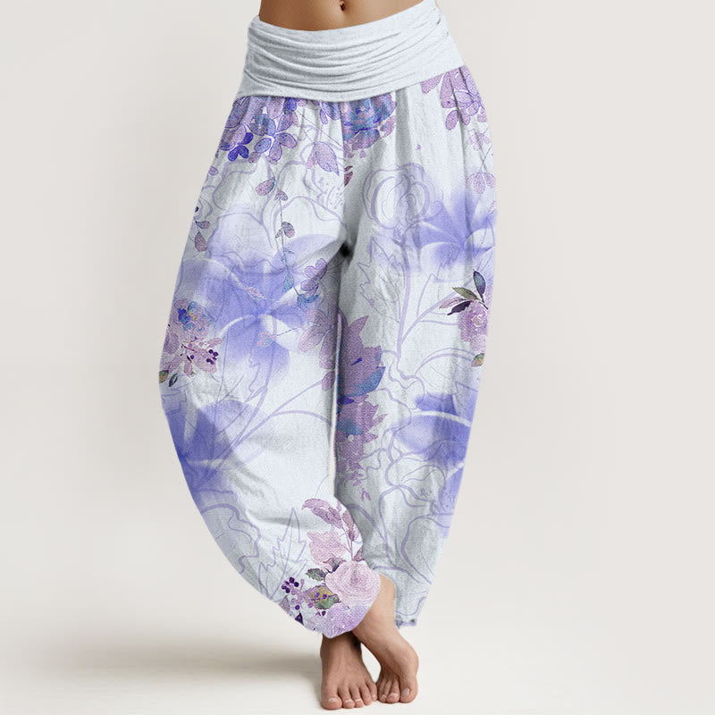 Various Flowers Leaves Pattern Women's Elastic Waist Harem Pants