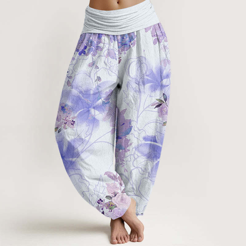 Various Flowers Leaves Pattern Women's Elastic Waist Harem Pants