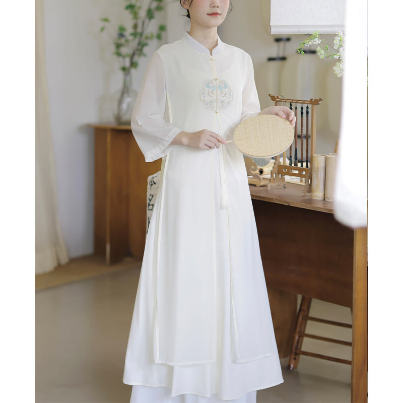Embroidery Chiffon Cheongsam Midi Dress Wide Leg Pants Meditation Zen Practice Clothing