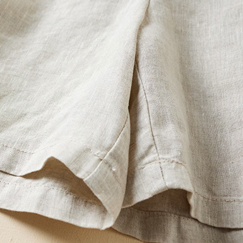 Solid Color Two Buttons Lace-up Cotton Linen Women's Shorts With Pockets