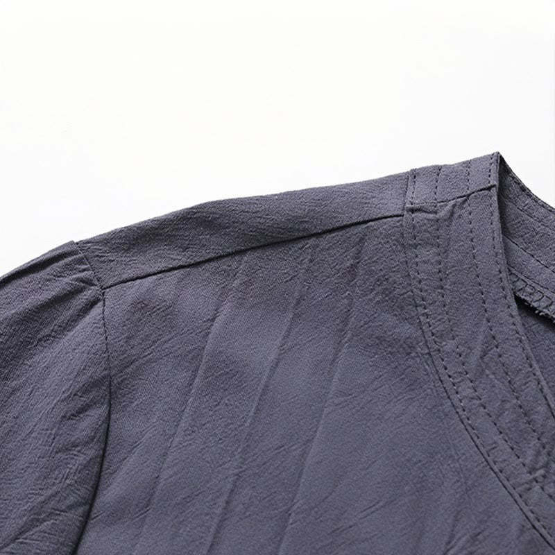 2Pcs Simple Design Chinese Frog-Button Shirt Drawstring Wide Leg Pants With Pockets Men's Meditation Cloth Set