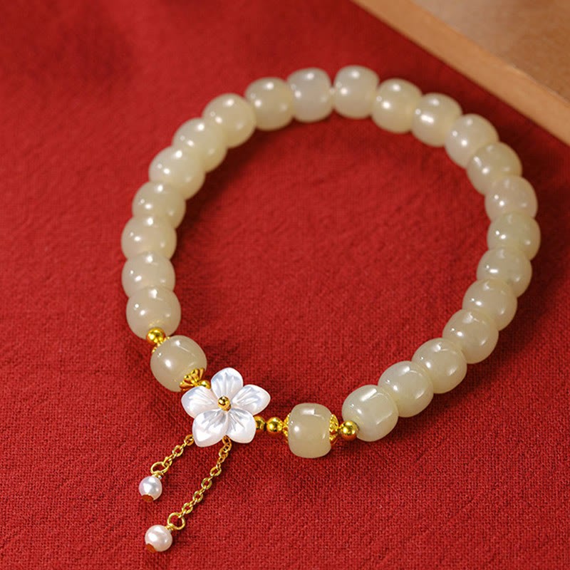 925 Sterling Silver Natural Hetian Jade Luck Flower Bracelet