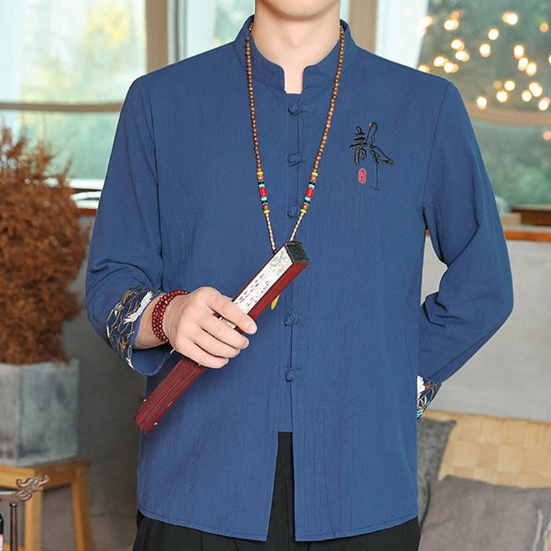 Fall Solid Long Sleeve Frog-Button Shirt Linen Men Zen Clothing