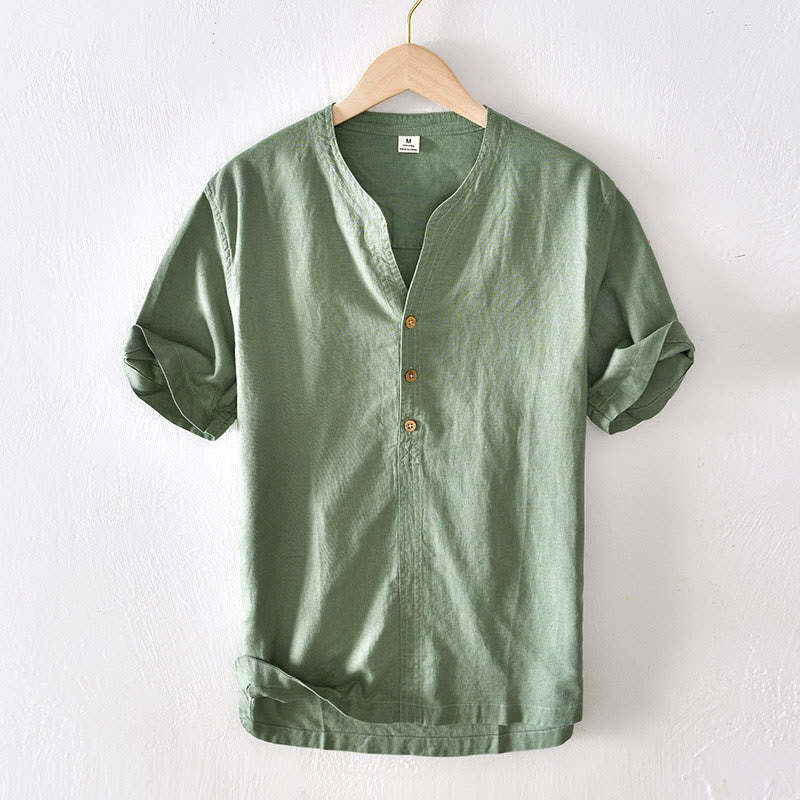 Summer Stand Collar Short Sleeve Cotton Linen Half Button Men's Shirt