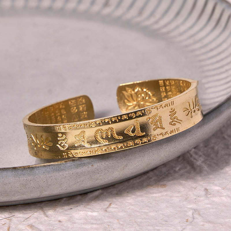 Six True Words 'om Mani Padme Hum' Heart Sutra Lotus Copper Brass Peace Cuff Bracelet Bangle