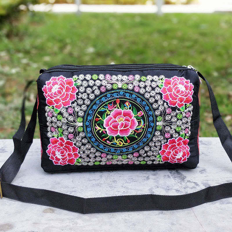 Galsang Inula Flower Peony Peacock Double-Sided Embroidery Canvas Shopping Purse Handbag Crossbody Bag