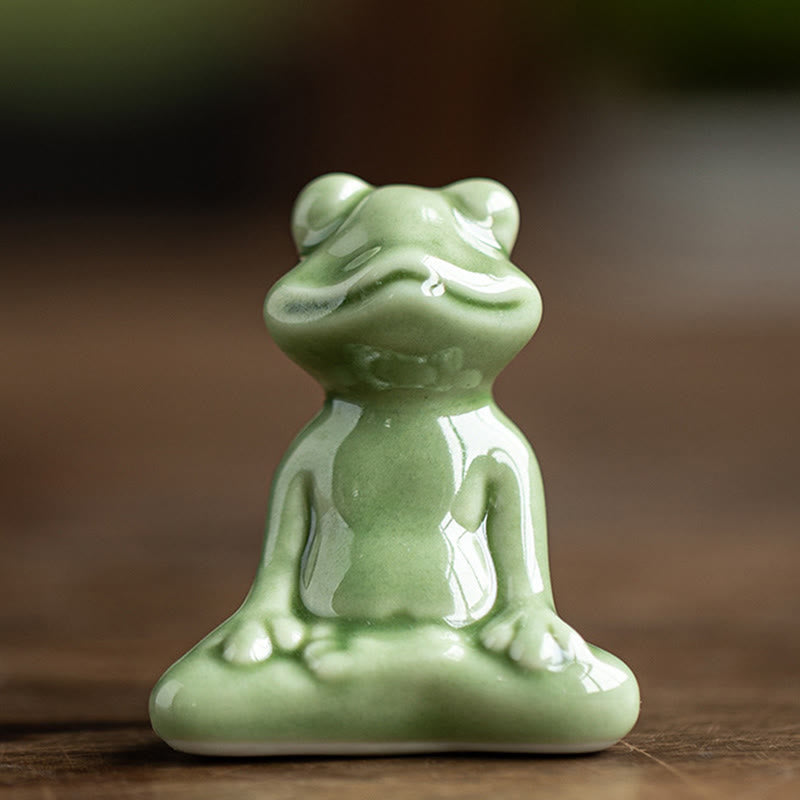 Mini Small Meditation Lotus Resting Frog Ceramic Wealth Luck Home Tea Pet Figurine Decoration
