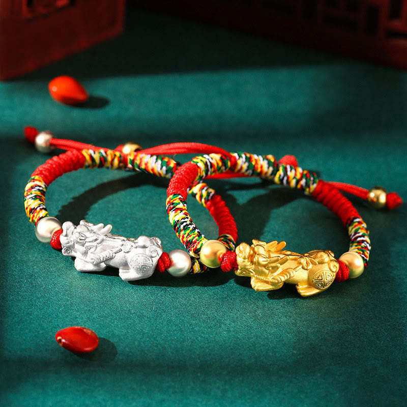 999 Sterling Silver PiXiu Wealth King Kong Knot String Braided Kids Child Bracelet