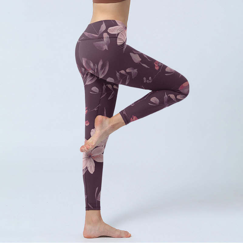 Purple White Flowers Leaves Blossom Print Gym Fitness Leggings Women's Yoga Pants
