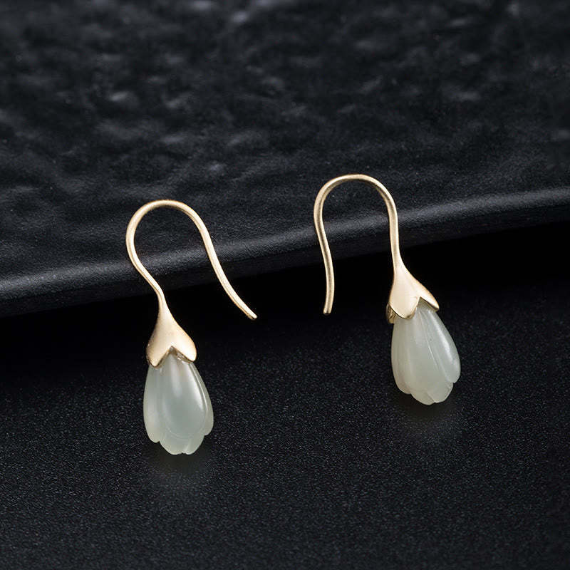 925 Sterling Silver Hetian Jade Magnolia Abundance Drop Earrings