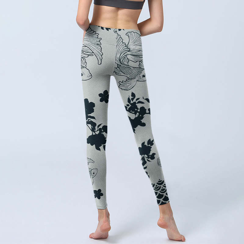 Gray Koi Fish Floral Waves Print Gym Leggings Women's Yoga Pants