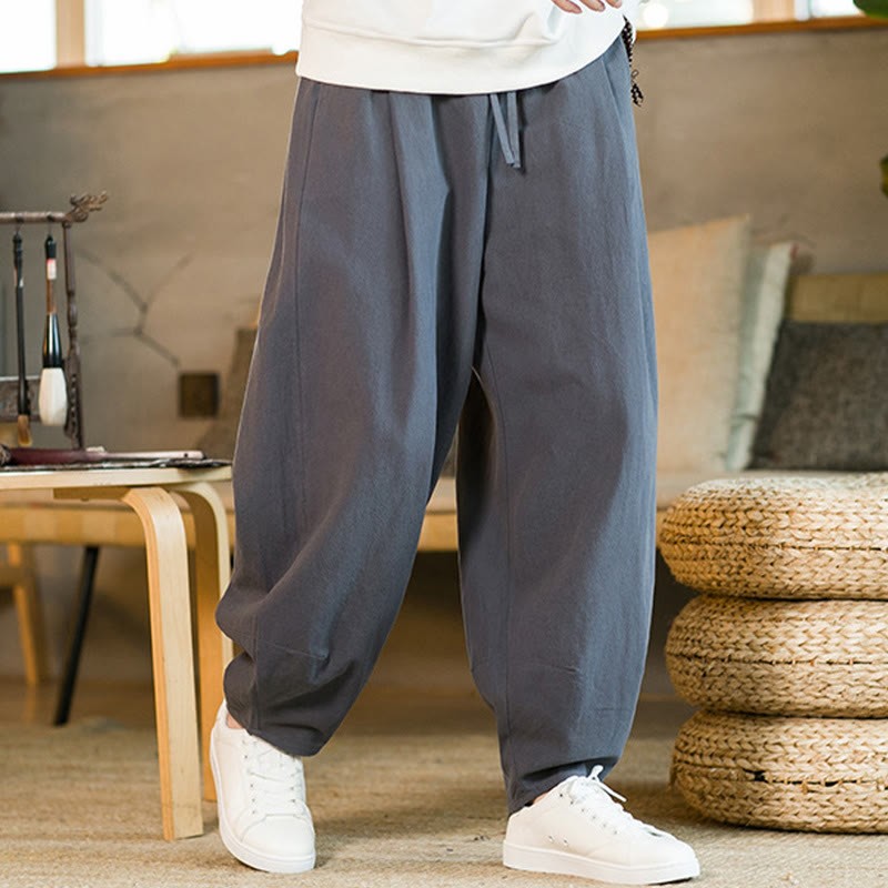 Solid Color Cotton Linen Drawstring Men's Harem Pants With Pockets