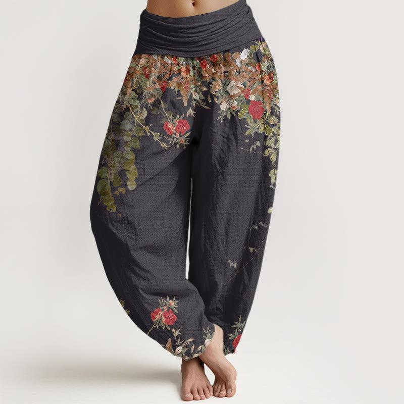 Casual Red Peony Flower Vine Design Women's Elastic Waist Harem Pants