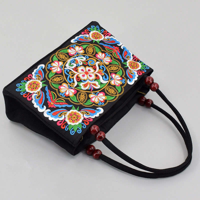 Galsang Inula Flower Peony Peacock Double-Sided Embroidery Canvas Shopping Purse Handbag