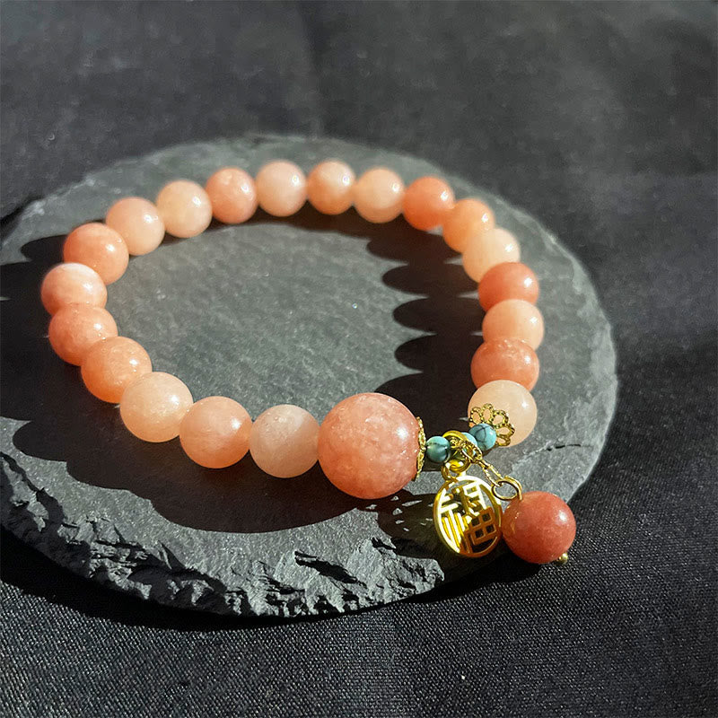 Natural Orange Stone Turquoise Fu Character Charm Luck Fortune Bracelet