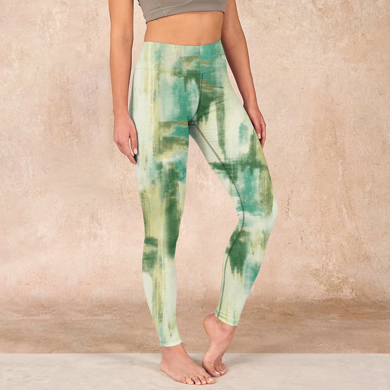 Beige Green Tie Dye Print Exercise Leggings Women's Yoga Pants
