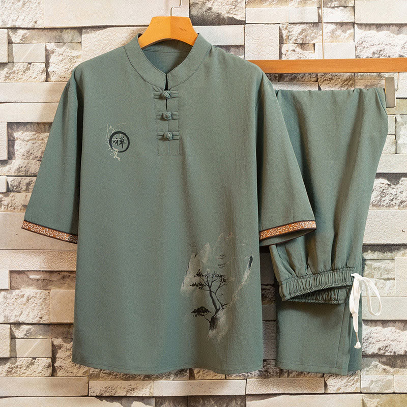 2Pcs Tree Pattern Cotton Linen Frog-Button Short Sleeve Shirt Pants Men's Set