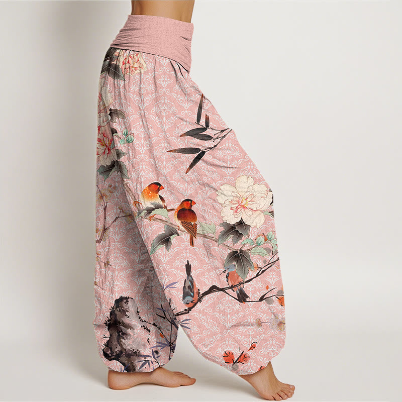 Warbler Bird Blooming Flower Branches Mandala Pattern Women's Elastic Waist Harem Pants