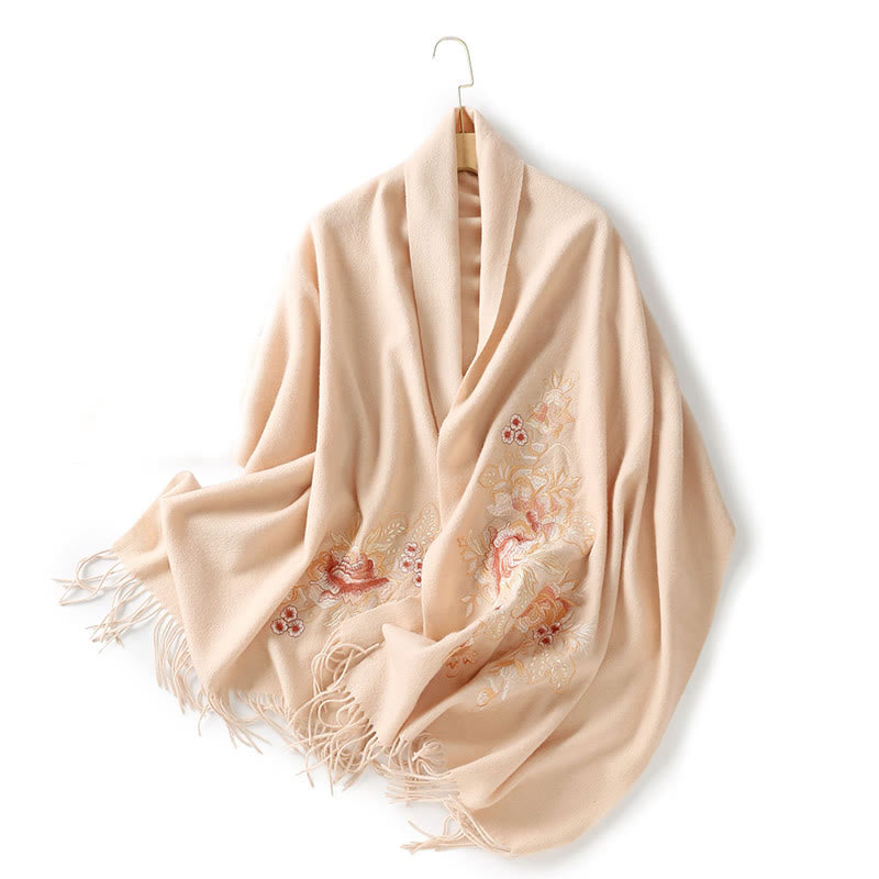 Wool Shawl Red Pink Flower Embroidery Tassel Winter Cozy Travel Scarf Wrap