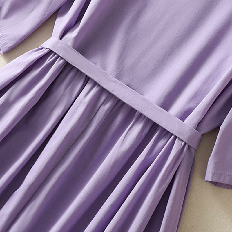 Summer Orchid Embroidery Lace-Up V-Neck Half Sleeve Cotton Linen Midi Dress With Pockets