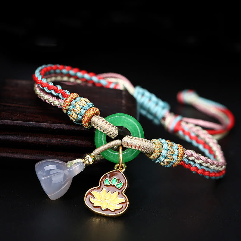 Colorful Rope Chalcedony Lotus Jade Peace Buckle Harmony Gourd Charm Bracelet