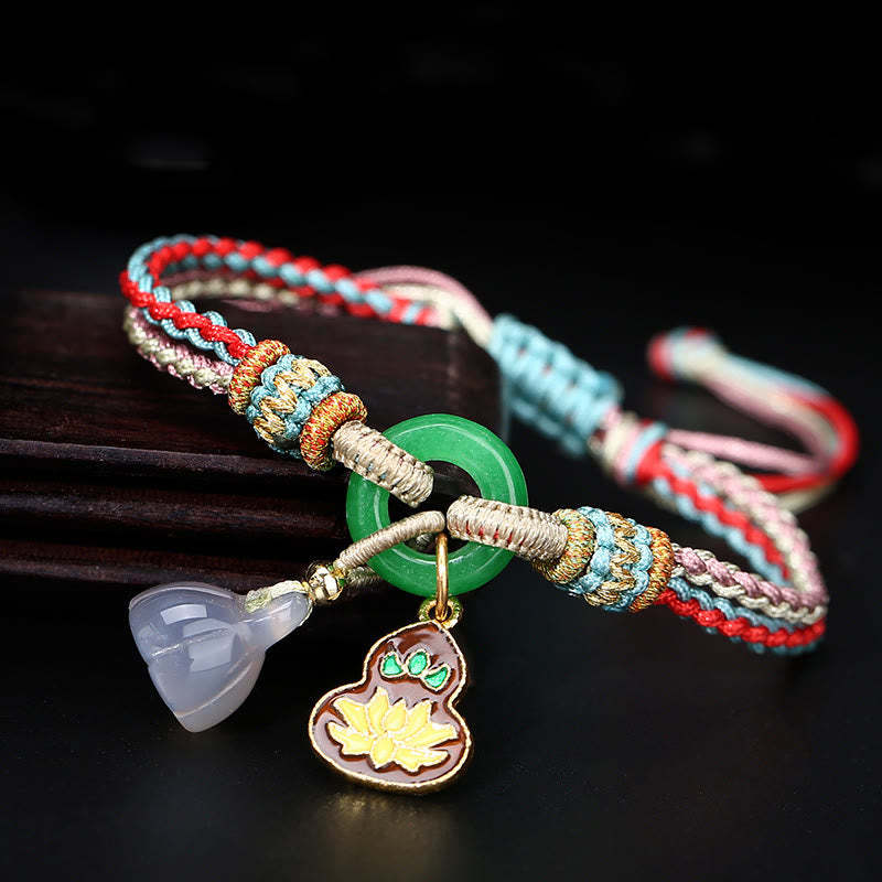 Colorful Rope Chalcedony Lotus Jade Peace Buckle Harmony Gourd Charm Bracelet