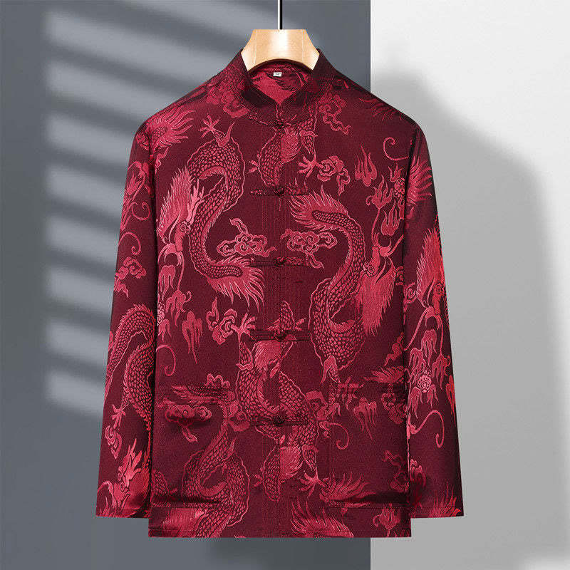 2Pcs Tang Suit Dragon Frog-Button Men's Long Sleeve Shirt Pants Clothing Set