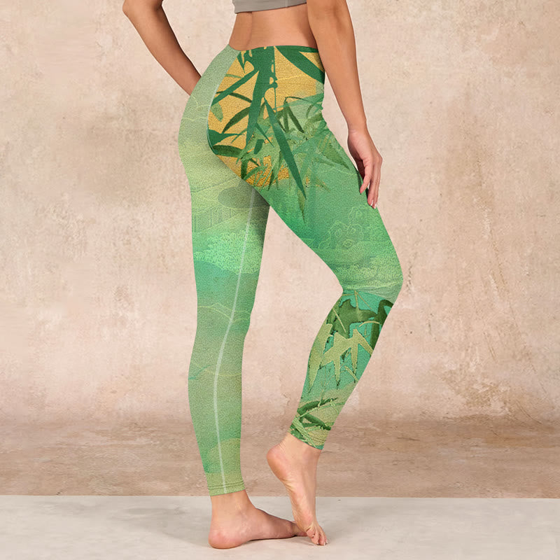 Green Bamboo Pavilion Print Gym Leggings Women's Yoga Pants